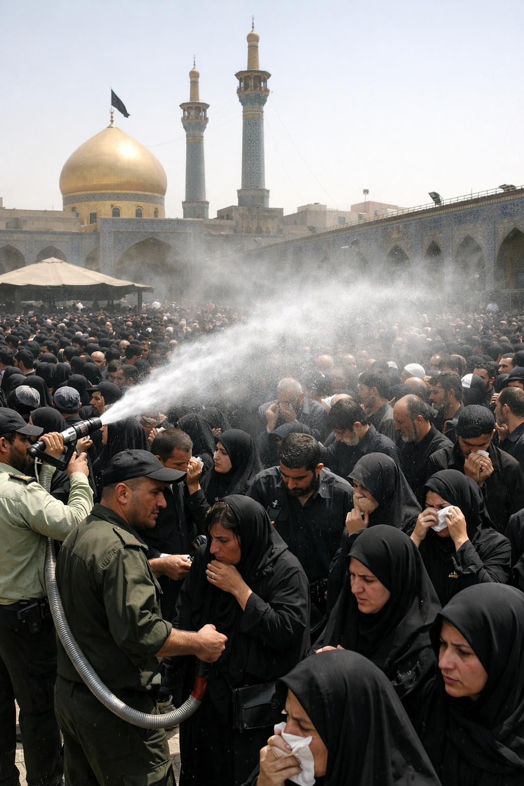 cuaca sangat panas saat penghormatan terakhir untuk ayatollah ali khamenei, pelayat menggunakan air untuk mendinginkan diri dan melaksanakan prosesi dengan khidmat.