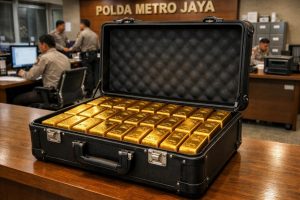 koper berisi 74 kg emas hasil penggeledahan rumah di sentul telah tiba di polda metro untuk penyelidikan lebih lanjut.