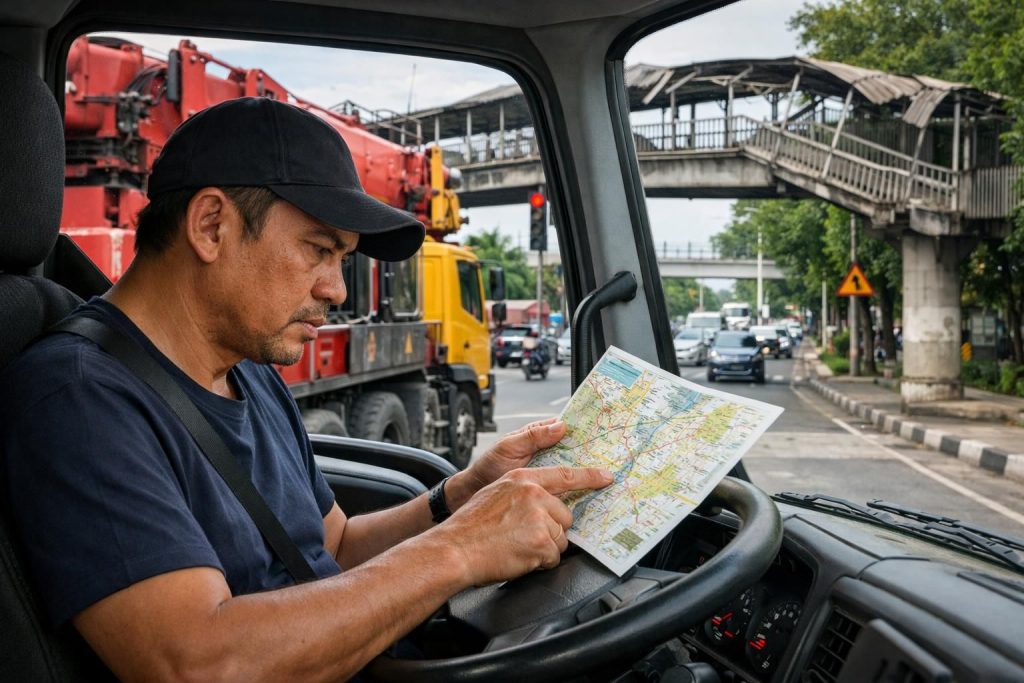 pengakuan sopir truk pengangkut crane yang menabrak jpo tendean: fokus pada peta navigasi menyebabkan kecelakaan, mengungkap pentingnya konsentrasi saat mengemudi.