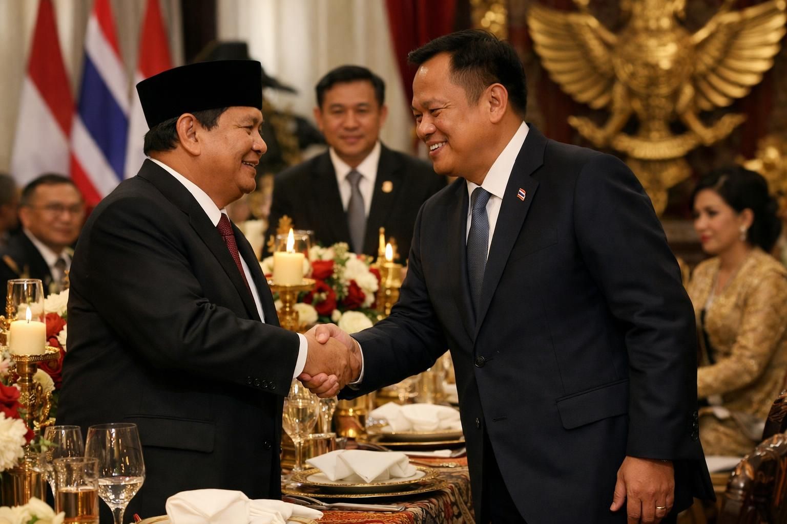 prabowo menggelar makan malam persahabatan yang hangat, di mana pm thailand memberikan pujian dan mempererat hubungan kedua negara.