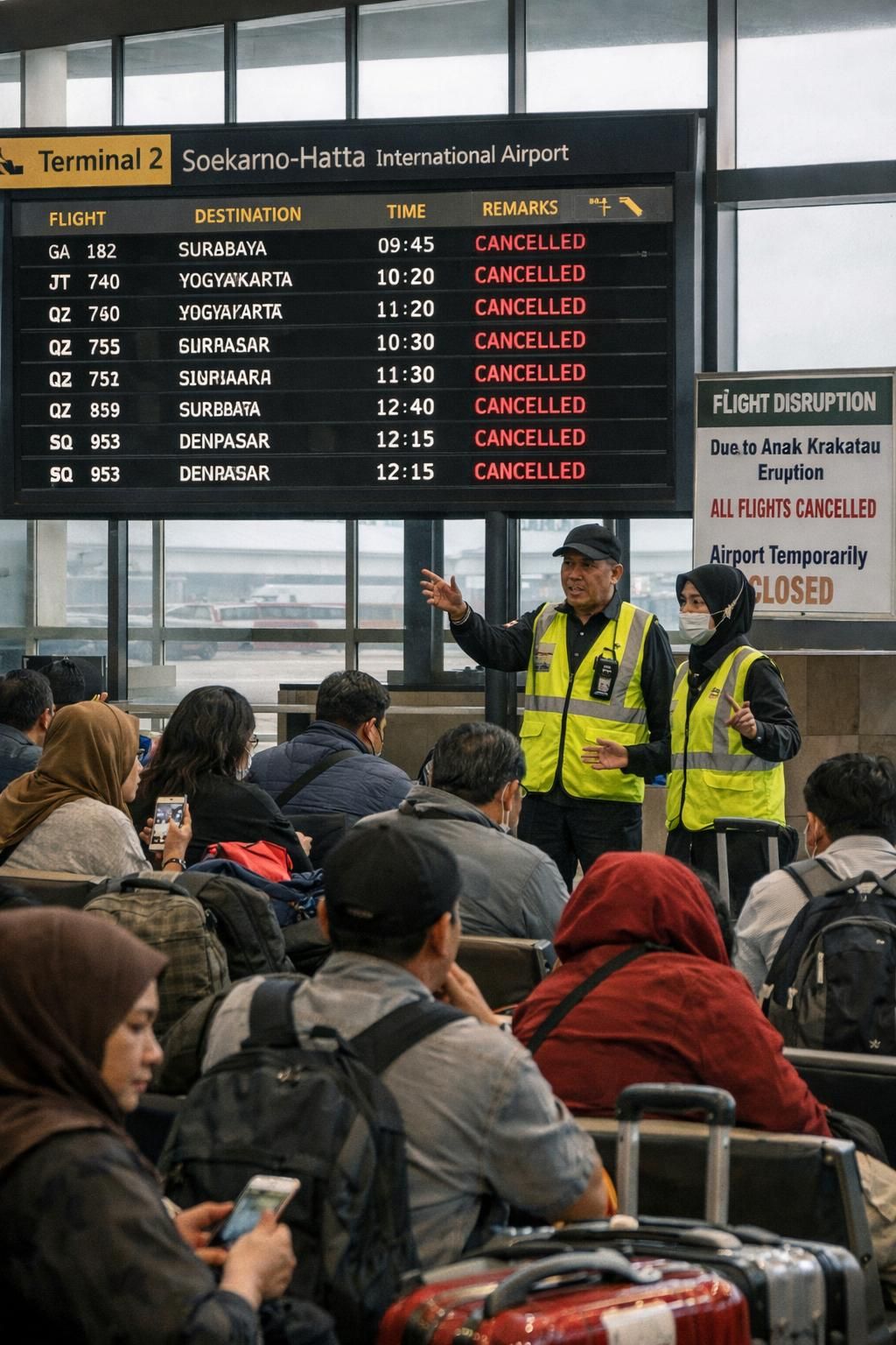 bandara soekarno-hatta ditutup sementara hingga pukul 13.30 wib akibat erupsi gunung anak krakatau, menyebabkan gangguan penerbangan. simak informasi terbaru di detiknews.